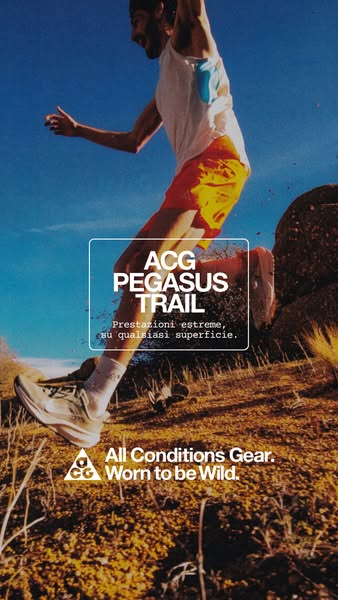 This image ad showcases a man running on a trail, promoting ACG Pegasus Trail shoes, emphasizing their performance on an