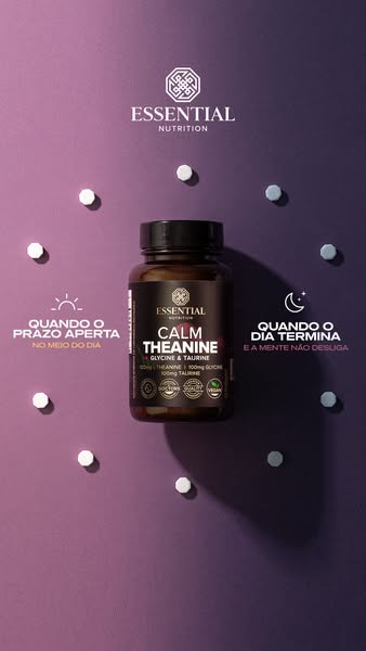 The ad shows the Essential Nutrition brand's Calm Theanine product. The ad shows the product bottle, capsules and co