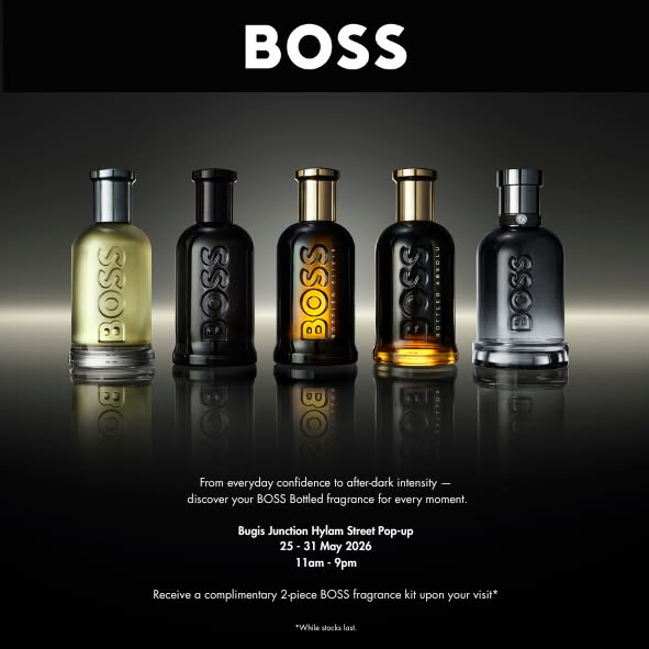 This image ad for BOSS features a row of 5 different bottles of their men's fragrance, BOSS Bottled, and promotes an
