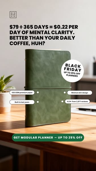 This ad promotes the benefits of using a modular planner to achieve mental clarity. It highlights the planner's feat