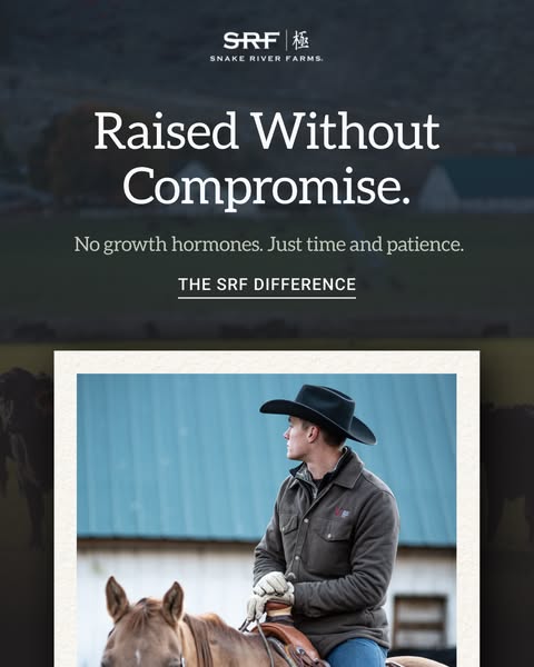 This ad for Snake River Farms uses an image of a cowboy on horseback to illustrate their dedication to a traditional ran