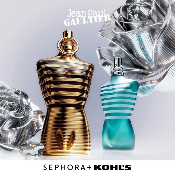 An advertisement showcasing two Jean Paul Gaultier perfume bottles available at Sephora + Kohl's.