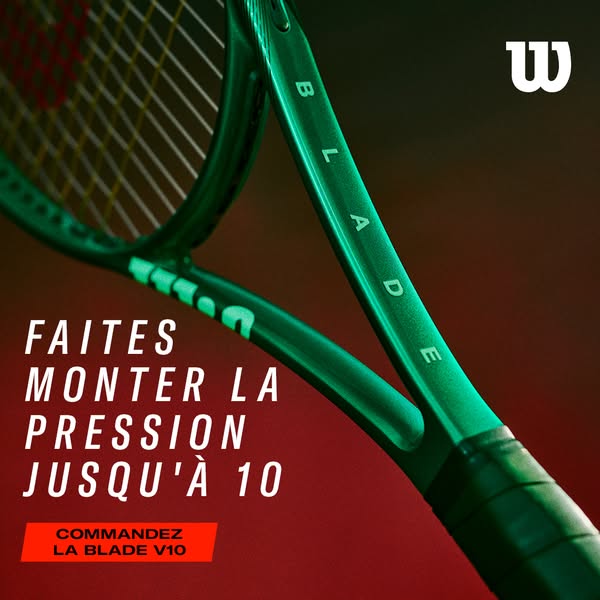 An ad featuring the Wilson Blade V10 tennis racket against a deep red backdrop. The ad emphasizes power and precision, i