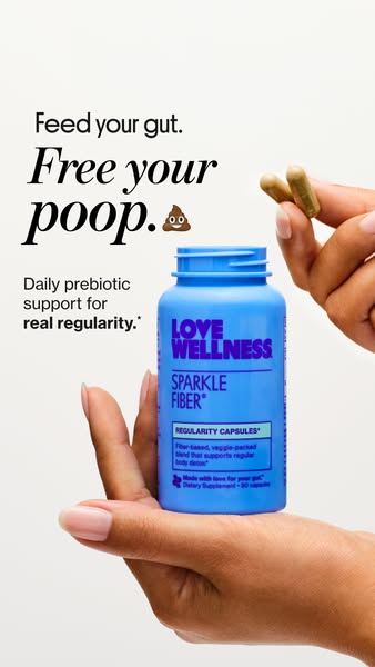 This image ad is for Love Wellness Sparkle Fiber, a prebiotic supplement to support regularity. The ad uses a light-hear
