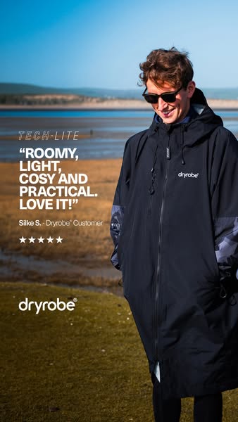This image ad for Dryrobe features a customer testimonial about the Tech-Lite robe. The ad shows a person wearing the ro
