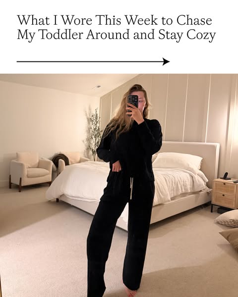 This ad shows a woman in comfortable clothing, likely pajamas or loungewear. She is standing in what looks like her bedr