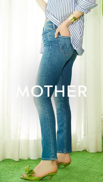 An image ad for Mother denim featuring a model wearing a pair of their light-wash straight-leg jeans.
