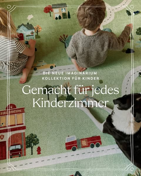 This ad features a children's rug with city and town elements designed on it. Two children are playing on the rug. T