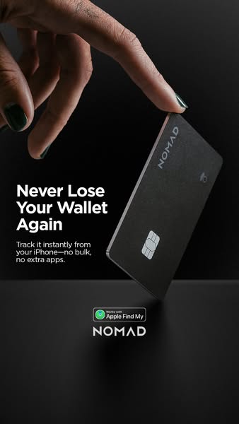 This ad promotes the Nomad Tracking Card. The image shows a hand holding the card and points out its ability to be track