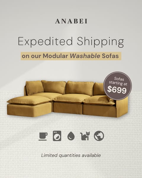 An image ad promoting Anabei's modular, washable sofas with expedited shipping and a starting price of $699. It emph