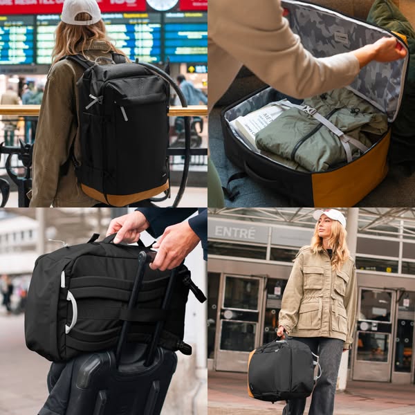 This ad showcases a versatile travel bag through a series of visuals depicting a person using it in an airport setting. 