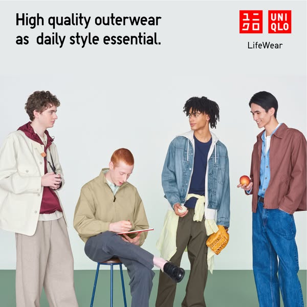This ad promotes Uniqlo's high-quality outerwear as a daily style essential. The image features four men in differen