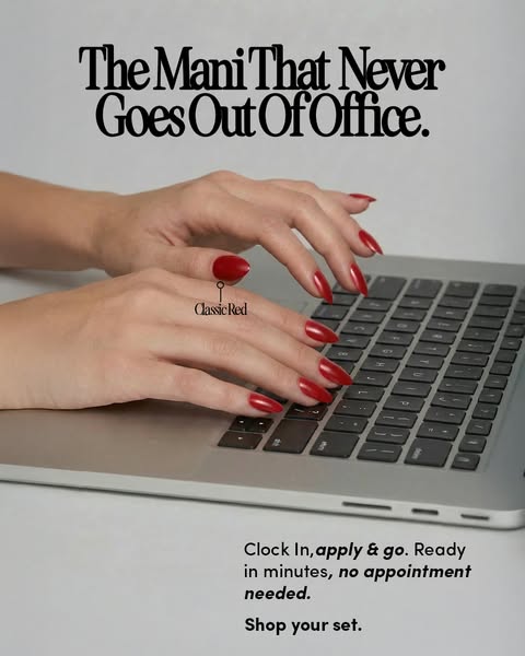 This image ad features an image of a woman's hands with red nail polish on a laptop keyboard. The ad encourages user