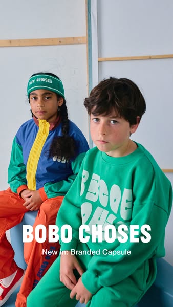 A product ad featuring a new branded capsule clothing collection by Bobo Choses.