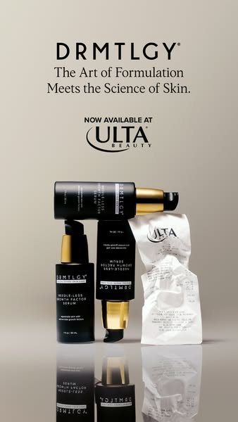 This image ad showcases three DRMTLGY Needle-Less Growth Factor Serum bottles arranged on a reflective surface, alongsid