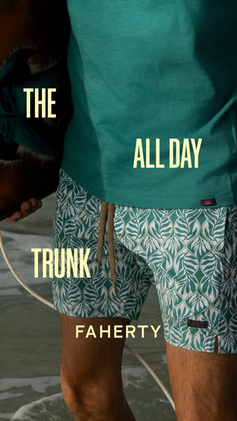 An image ad showcasing Faherty's 'All Day Trunk' alongside a matching teal t-shirt, capturing a lifestyle mo