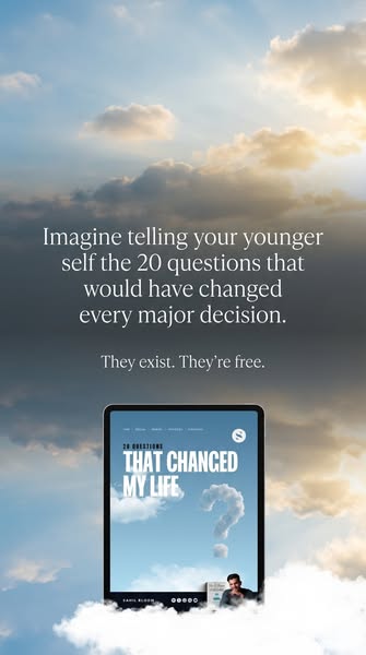 This ad promotes the book '20 Questions That Changed My Life.' It uses a dreamlike aesthetic to suggest that the