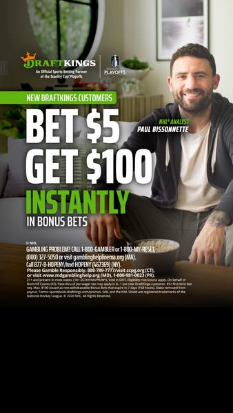 This ad promotes DraftKings with an offer for new customers to bet $5 and get $100 instantly in bonus bets. NHL Analyst 