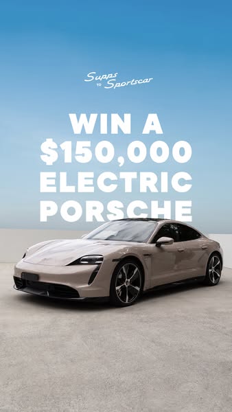 The ad promotes a sweepstakes where entrants have a chance to win a $150,000 electric Porsche.