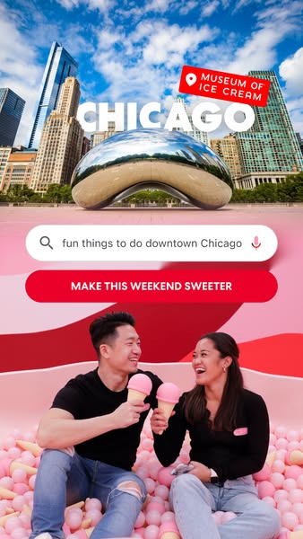 This image ad for the Museum of Ice Cream in Chicago depicts a couple in a pink ball pit eating ice cream, with the Muse
