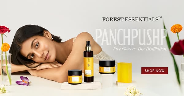 This ad showcases Forest Essentials' Panchpushp product line with a focus on the natural ingredients and luxurious f