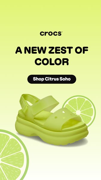 This Crocs ad highlights a new style called Citrus Soho through bright, fresh imagery. The image showcases the sandal ag