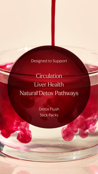 This ad promotes a detox flush product in stick packs, highlighting its benefits for circulation, liver health, and natu
