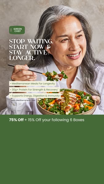 This Green Chef ad features an image of a smiling woman holding a salad. The text encourages viewers to 'Stop waitin