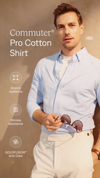 This image ad features a man wearing a light blue 'Commuter Pro Cotton Shirt'. Text highlights the features of t