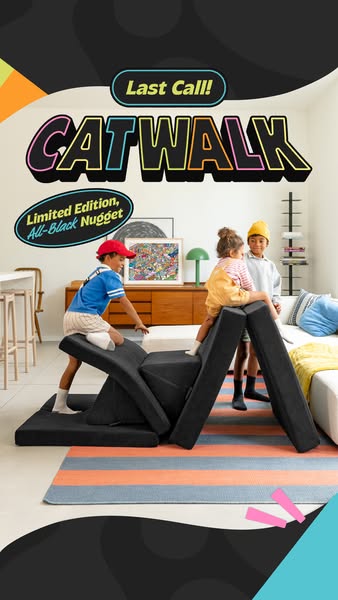 This ad shows the Nugget couch in the all-black, limited edition configuration. Three young children are shown playing o