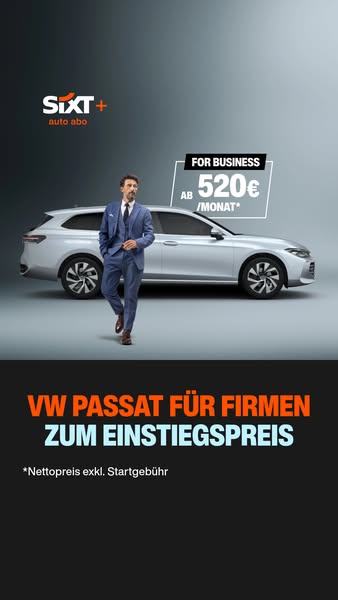 This ad promotes SIXT+ auto abo's VW Passat for businesses, highlighting an introductory price offer. The ad uses a 