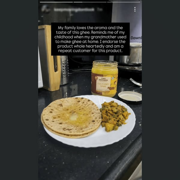 The image is a customer testimonial endorsing Two Brothers Cultured Ghee. The testimonial highlights the ghee's arom