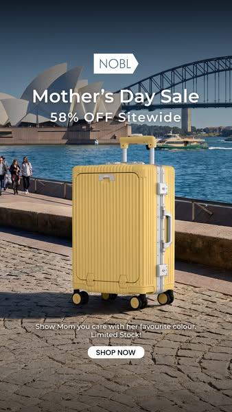 This ad promotes NOBL luggage with a Mother's Day sale of 58% off sitewide. The suitcase is showcased in a vibrant y