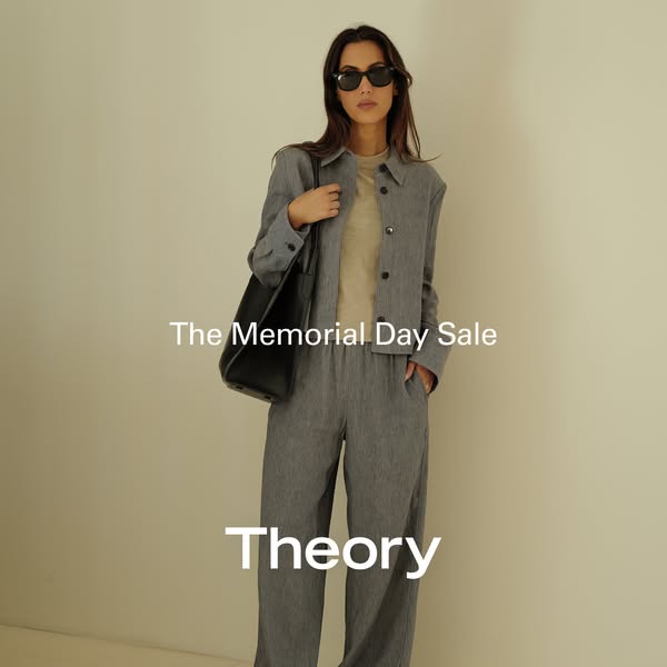 This image ad for Theory promotes the Memorial Day sale and showcases the brand's apparel.