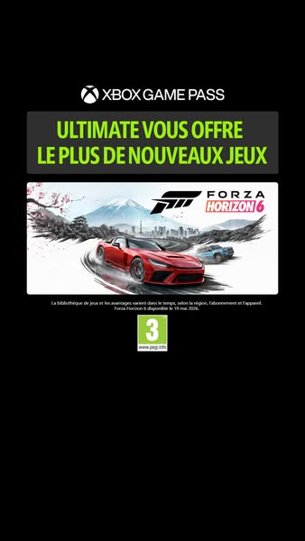 This image ad promotes Xbox Game Pass Ultimate, highlighting its offering of new games, specifically featuring Forza Hor