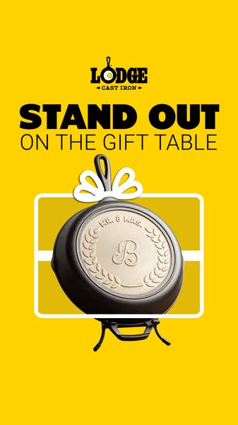 This ad for Lodge Cast Iron shows an enameled cast iron skillet with a personalized engraving, promoting it as a unique 