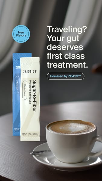This image promotes Zbiotics Sugar-to-Fiber Probiotic Drink Mix, highlighting that it's great for travel. It shows t
