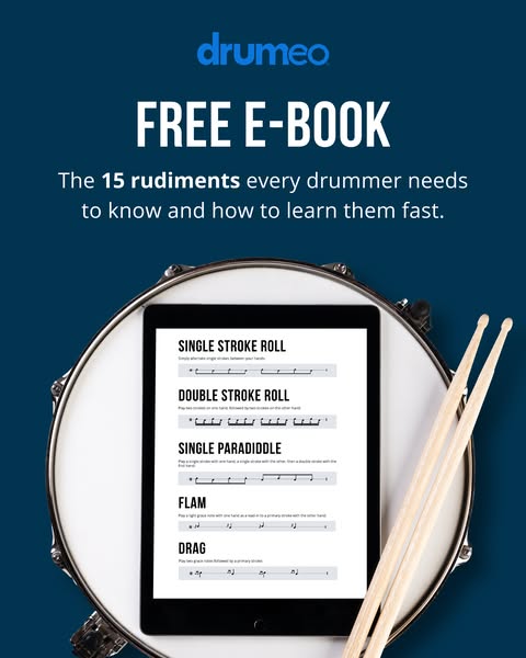 The ad promotes Drumeo's free e-book. The ad highlights the 15 rudiments that every drummer needs to know and how to