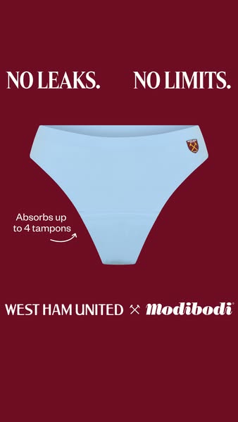 This ad promotes Modibodi period underwear in collaboration with West Ham United. The ad highlights the product's ab