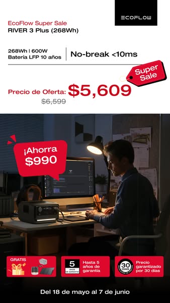 This image ad for EcoFlow advertises a super sale for the RIVER 3 Plus (268Wh) product with a discount of $990.  It show