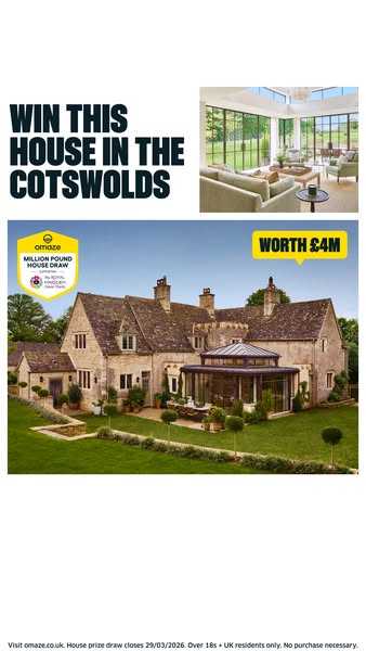 An image ad for Omaze features a chance to win a house in the Cotswolds. The ad displays an image of the house along wit