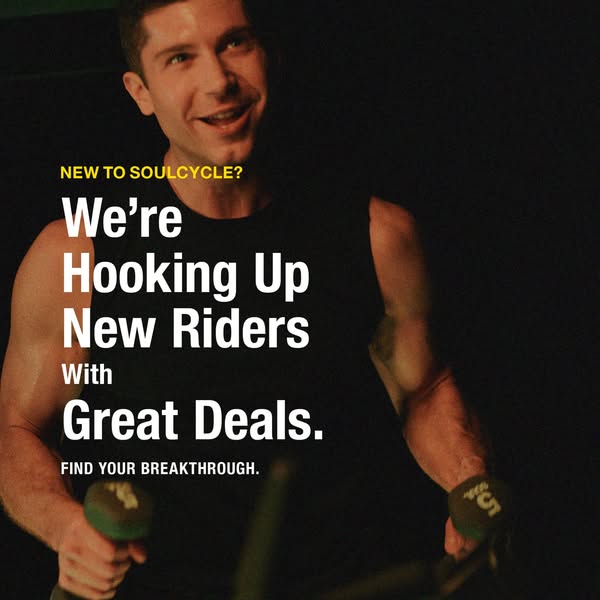 This image ad is for SoulCycle and features a male rider holding small weights. The ad is targeted towards new riders an