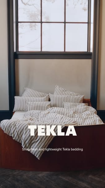 An image showcasing Tekla bedding, emphasizing its fresh and lightweight feel. The ad features a bed with striped beddin