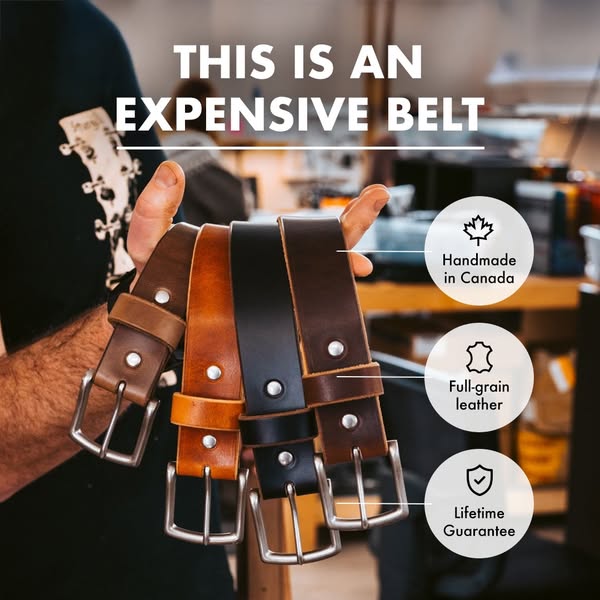 Close-up studio shot of a hand holding up several leather belts that are high quality and handmade in Canada. The belts 