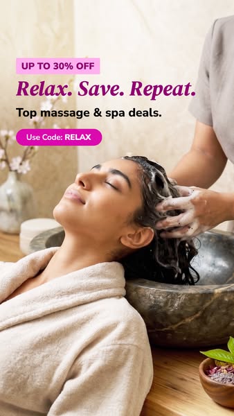 This image ad promotes massage and spa deals, inviting customers to relax and save with a provided discount code.