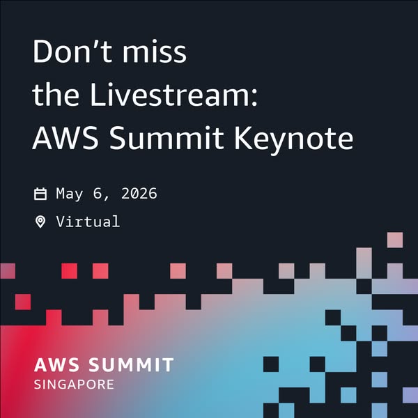 This ad promotes the AWS Summit Keynote livestream on May 6, 2026, virtually. The ad uses a modern visual style with pix