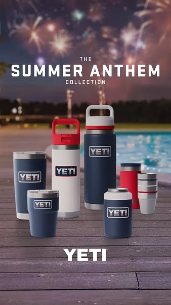 This image ad promotes YETI's "Summer Anthem Collection" of drinkware, including tumblers, bottles, and ca