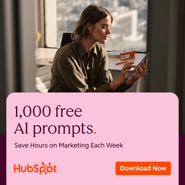 This image ad promotes HubSpot's free AI prompts, aiming to help marketers save time. The ad features a woman using 