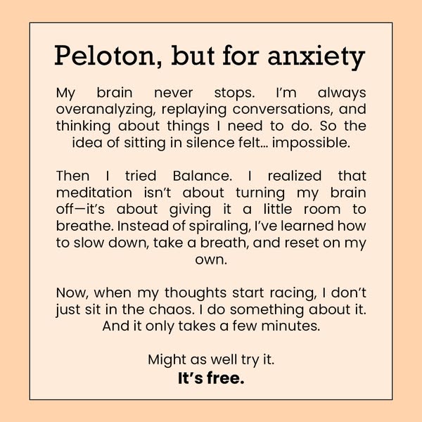 This image ad uses a customer testimonial format to promote Balance, a meditation app. The ad copy features a peach back