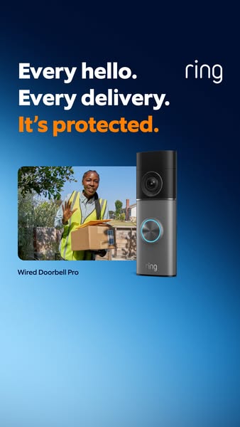 This ad emphasizes the security provided by the Ring Wired Doorbell Pro, highlighting its ability to protect every hello